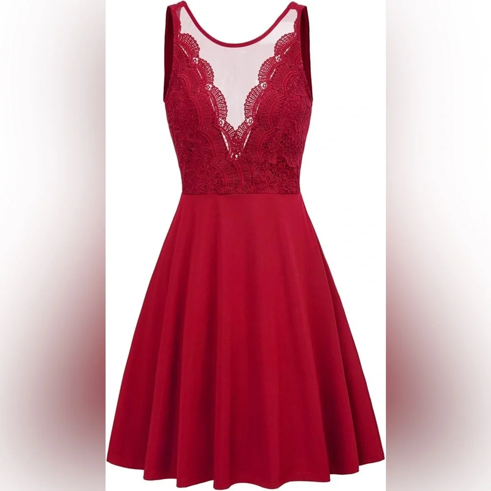 Grace Karin Red Lace Deep V-Neck A-Line Midi Dress Sleeveless Fit & Flare Sz 2XL